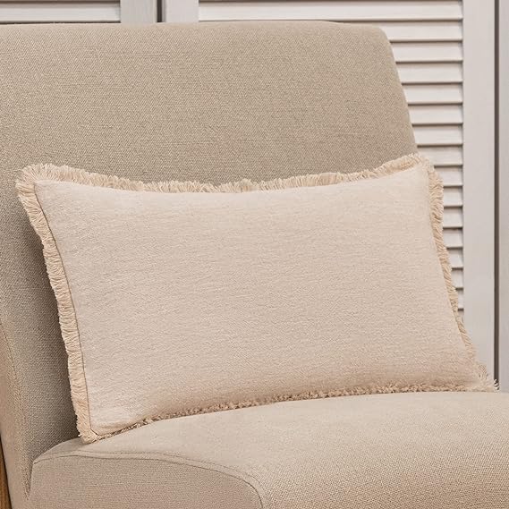 Inspired Ivory Lumbar Pillow Cover Modern Farmhouse Beige Throw Pillow With Fringe