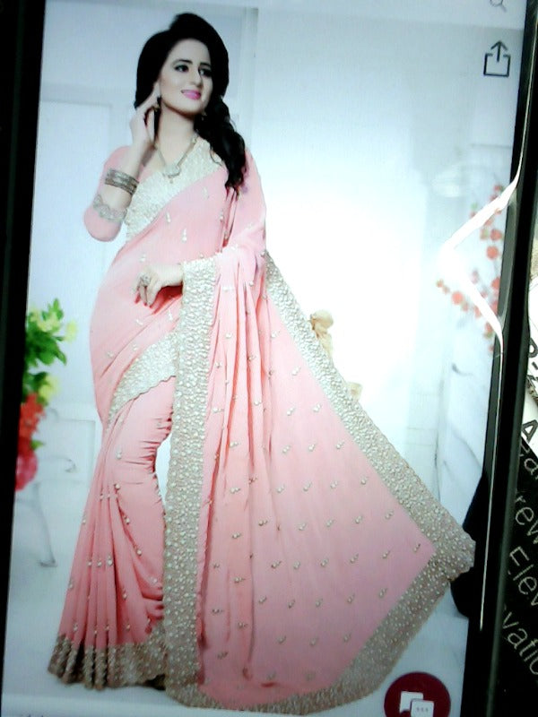 Light Pink Pearl Embroidered Georgette Color Coral Size Regular