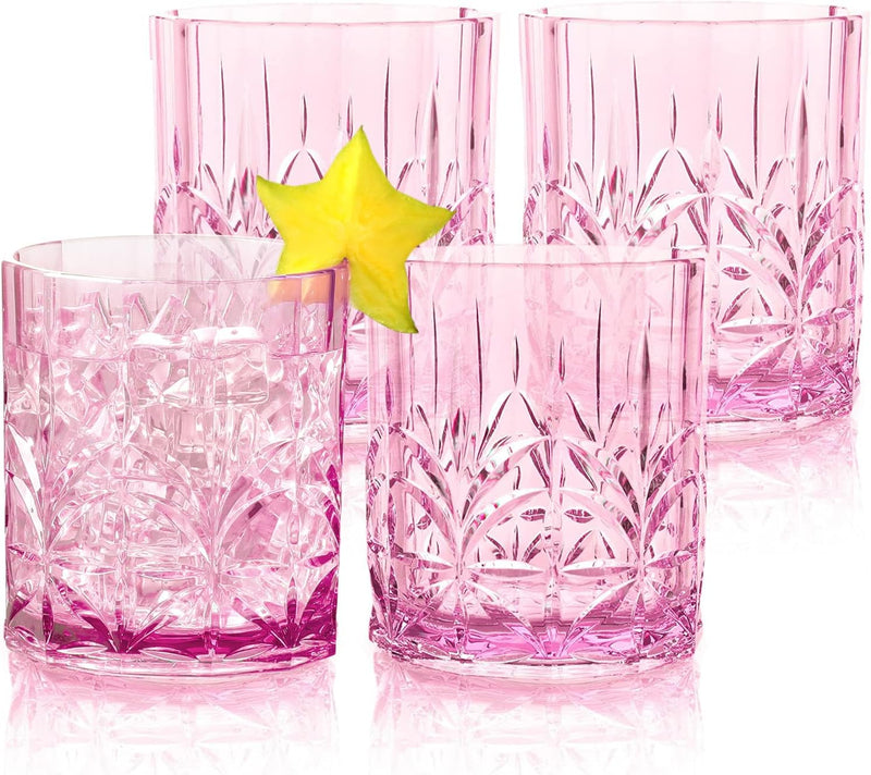 Bellaforte Shatterproof Tritan Plastic Short Tumbler, Set Of 4, 13oz - Myrtle Beach Unbreakable Crystal Cut Old Fashioned Drinking Glasses For Whiskey - Bpa Free - Dishwasher Safe - Pink Color Pink Size One Size