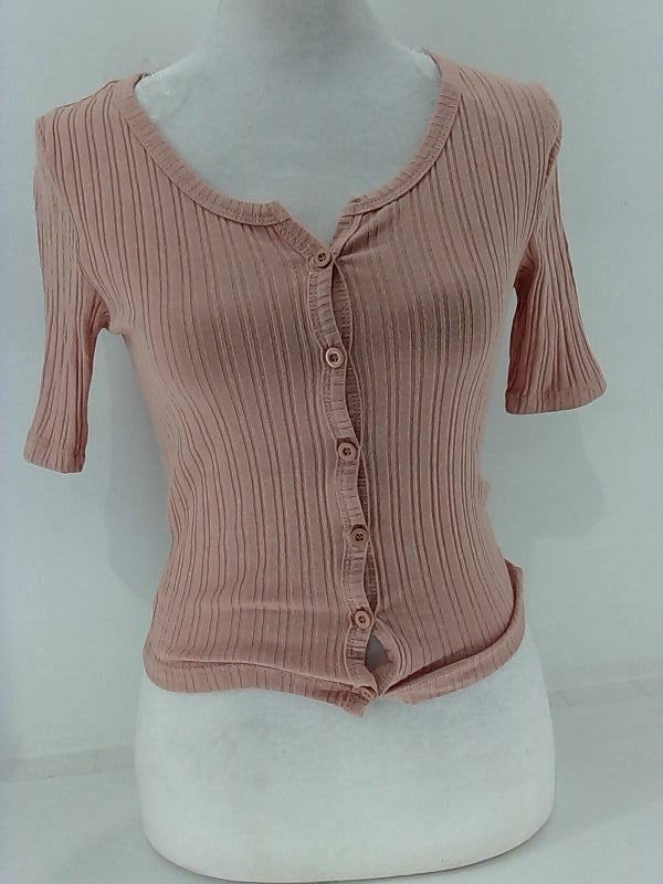 Women's Small Ribbed Crop Top Button-Up Blouse - Pink