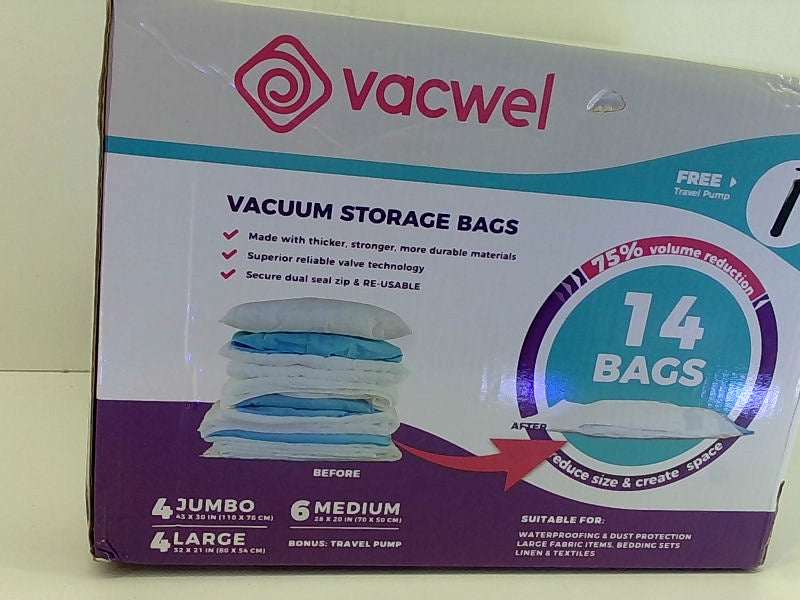 Vacwel Vacuum Storage Bags Set with Travel Pump, Clear - 14 Pieces