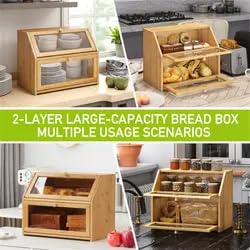 Large Bamboo Double Layer Bread Box with Clear Window