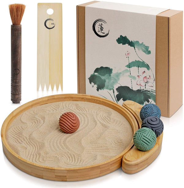 12 Japanese Zen Garden Kit for Desk Large Round Bamboo Tray