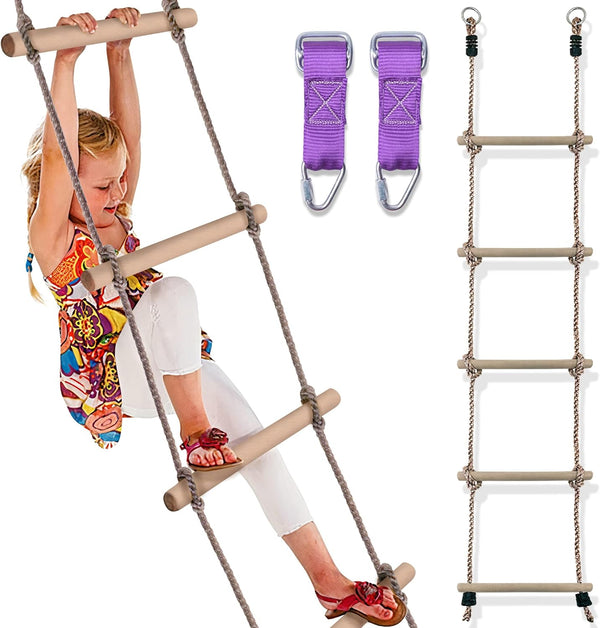 Kids Ninja Rope Ladder Wooden Obstacle Course Accessory Natural Wood