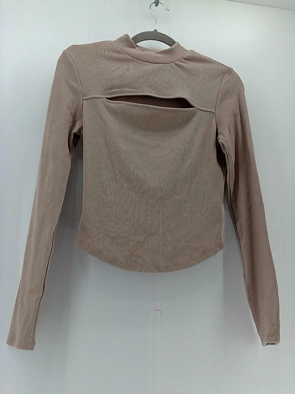 Women's Tan Ribbed Mock Neck Keyhole Blouse - Medium