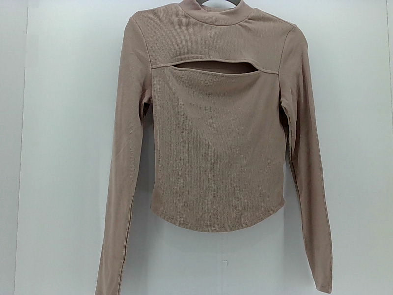 Women's Tan Ribbed Mock Neck Keyhole Blouse - Medium