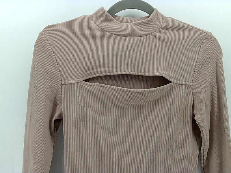 Women's Tan Ribbed Mock Neck Keyhole Blouse - Medium