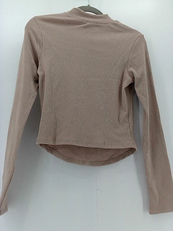 Women's Tan Ribbed Mock Neck Keyhole Blouse - Medium