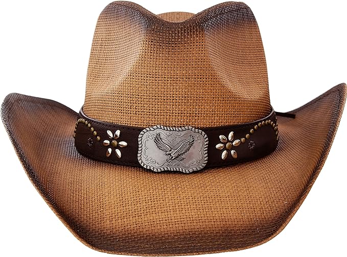 Queue Essentials Men & Women's Woven Straw Cowboy Cowgirl Hat Western Outback w/Wide Brim (Eagle)