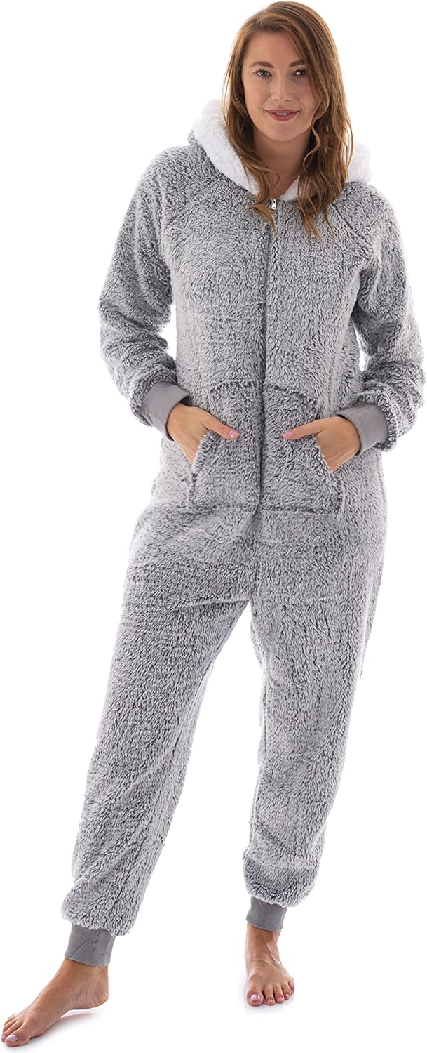 Teddy Fleece Adult One Piece Pajamas - Fuzzy Grey Medium