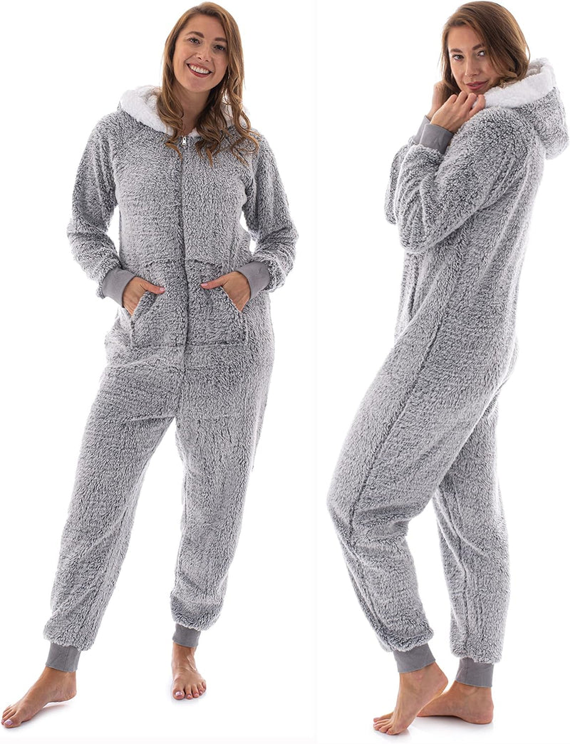 Women's Teddy Fleece One Piece Pajamas, Fuzzy and Cozy - Large Grey