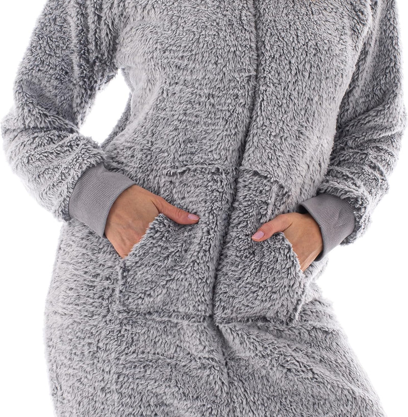 Women's Teddy Fleece One Piece Pajamas, Fuzzy and Cozy - Large Grey