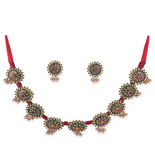 Binnis Wardrobe Red & Gold Toned German Silver Jewellery Set Necklace Earrings