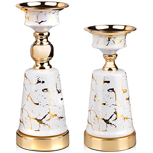 Pair of Pillar Candle Holders White and Gold for Table Centerpiece