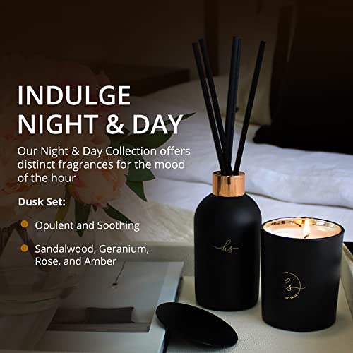 Reed Diffuser & Luxury Scented Candle Gift Set - 6.8 fl oz Sandalwood Geranium Reed Diffuser with 6.5oz Candle with Lid - 6 Fiber Diffuser Sticks
