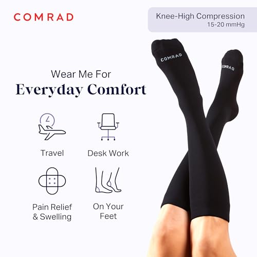 Comrad Nylon Knee High Socks 15 to 20mmhg Compression Medium Black Soft