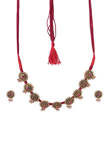 Binnis Wardrobe Red & Gold Toned German Silver Jewellery Set Necklace Earrings