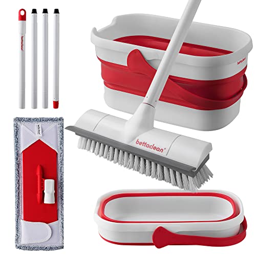 Flat Mop & Bucket System with Broom - Adjustable Broom & Microfiber Mop for Floor Cleaning with Collapsible Mop Bucket for Various Household Tasks