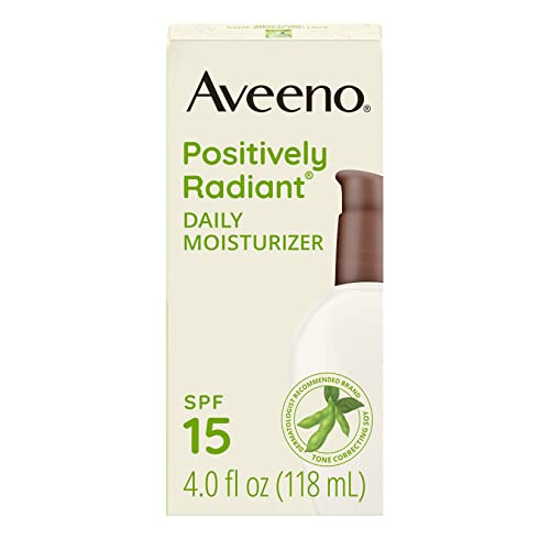 Aveeno Positively Radiant Daily Face Moisturizer with SPF 15 Sunscreen, Hydrating Facial Moisturizer with Soy Extract to Improve Skin Tone and Texture, Hypoallergenic Formula, Oil-Free, 4 FL OZ