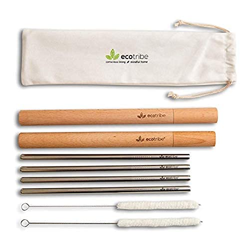 Ecotribe 4 Reusable Metal Straws 8.5 Stainless Steel Includes Case Brushes Bag