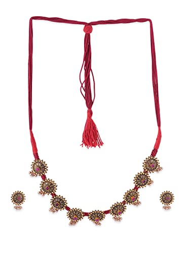 Binnis Wardrobe Red & Gold Toned German Silver Jewellery Set Necklace Earrings