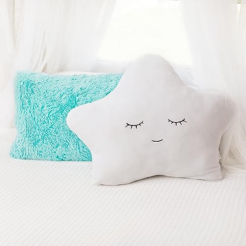 Set of 2 Kid’s Decorative Pillows Fluffy White Star and Aqua Teal Plush