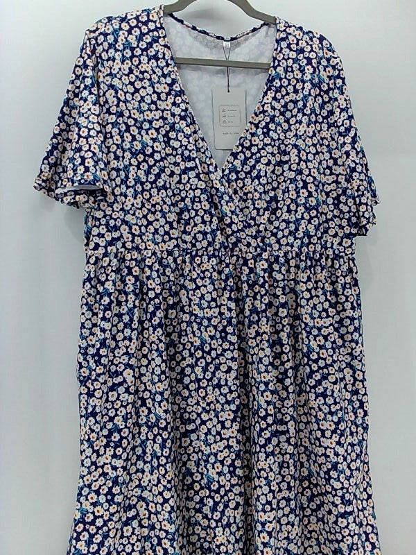 Room Of Fashion Women's Blue Floral Short Sleeve Casual Dress - 3X-Large