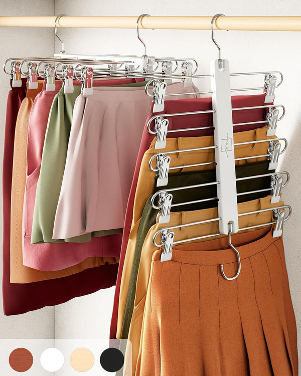 Moralve Space Saving Skirt Hangers 5 Tier Beechwood With Clips 2 Pack White