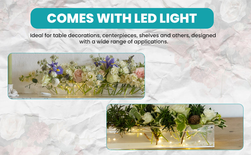 Premium Quality Acrylic Flower Vase Rectangular LED Lights 12 inch