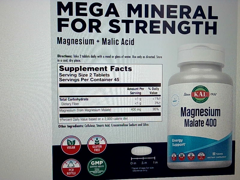 Kal Magnesium Malate 400 to 90 Tabs Energy Support Supplement