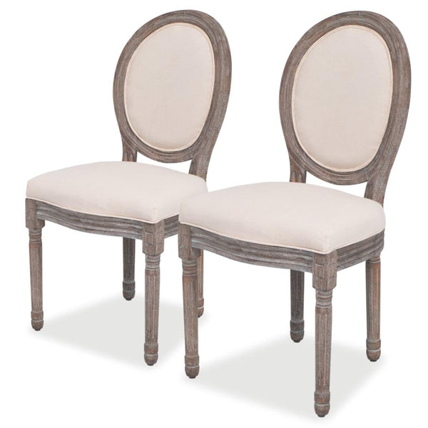 Vidaxl Set of 2 Dining Chairs Birch Frame & Cream Linen Upholstery Rubberwood Legs