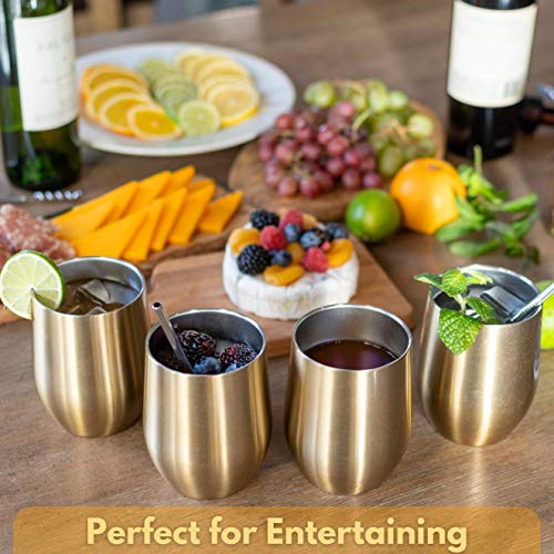 Stainless Steel Wine Tumbler With Lid and Straw 4 Pack Gold Wine Glasses