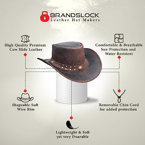 Brandslock Men's Vintage Wide Brim Cowboy Hat Black & Brown Aussie Style