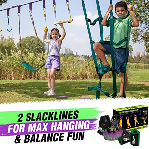 Ninja Warrior Obstacle Course for Kids - 2 x 55ft Slackline Double the Fun Exciting Obstacles Cargo Net Rope Ladder Monkey Bars Ninja Course for Kids