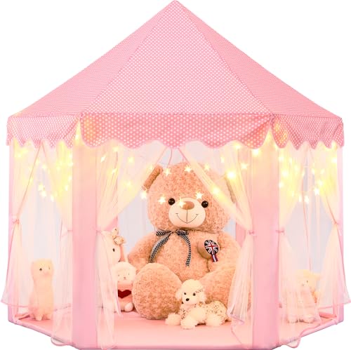 Princess Castle Play Tent With Lights Pink Indoor Toy Tent for Girls