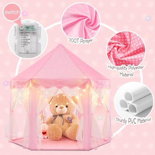 Princess Castle Play Tent With Lights Pink Indoor Toy Tent for Girls