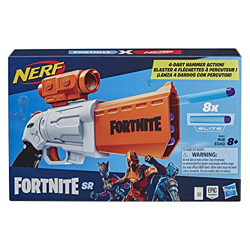 Nerf Fortnite Sr Blaster 4 Dart Hammer Action Removable Scope 8 Elite Darts