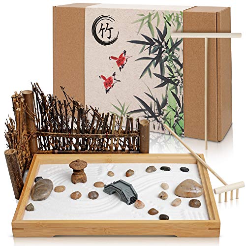 Japanese Zen Garden Kit for Desk 11x7.5 Inches Large Bamboo Tray White Sand