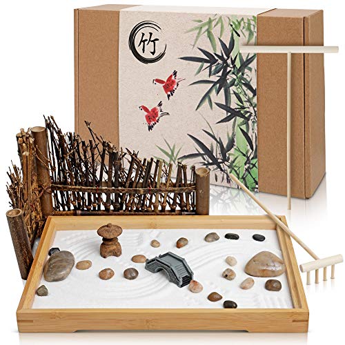 Japanese Zen Garden Kit for Desk - 11x7.5 Inches Large - Bamboo Tray, White Sand, River Rocks, Pebbles, Rake Tools Set - Office Table Accessories, Mini Zen Sand Garden Kit