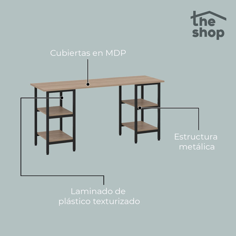 Minimalist desktop inhabits The Shop - Ideal for Home Office - Modern Work Table - 2 Entrapaños on each side - Metal Structure - Covered in MDF and Texturized Laminate (Dark Cafe)