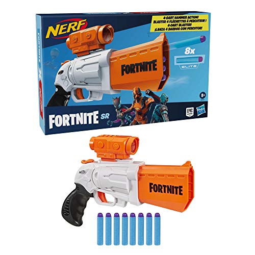 Nerf Fortnite Sr Blaster 4 Dart Hammer Action Removable Scope 8 Elite Darts