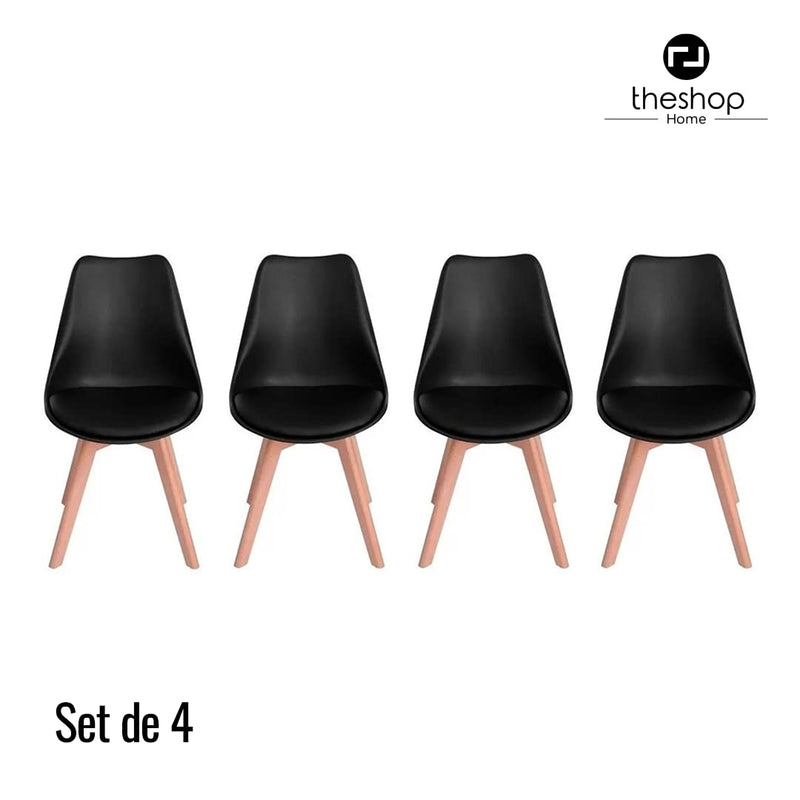 Set of 4 Ergonomic Black Dining Chairs with Wooden Legs - Modern Design