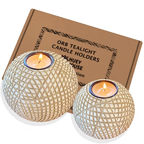 Huey House Luca Orb Candle Holders Gift Boxed Set of 2 Table Grid Pattern Beige and White