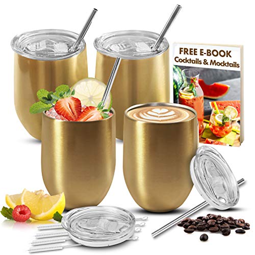 Stainless Steel Wine Tumbler with Lid and Straw 4 pack, Gold Wine Glasses, Wine Tumbler Set, Unbreakable Wine Glasses, Stemless Wine Glasses Set of 4