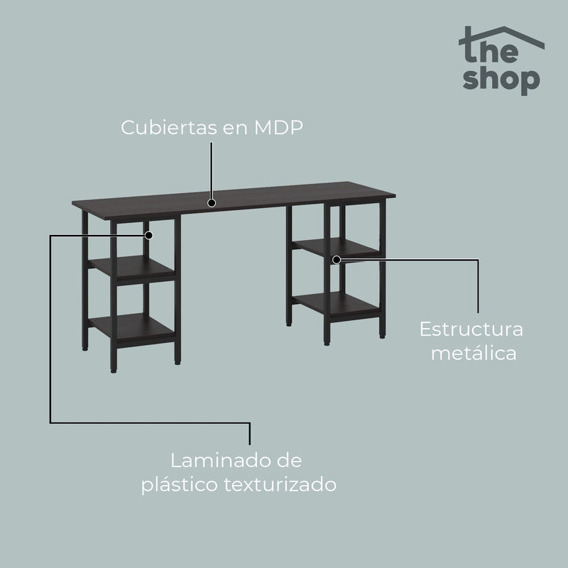 BASSLEVTHESHOP MXBYJOEB Minimalist Desktop inhabits The Shop - Ideal for Home Office - Modern Work Table - 2 Entrapaños on Each Side - Metal Structure - Covered in MDF and Texturized Laminate (Cafe)