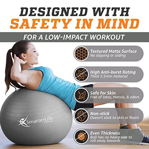 SmarterLife Workout Exercise Ball for Fitness Yoga Balance Stability 65 cm Silver