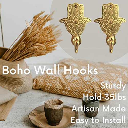 Decorative Hooks for Boho or Maximalist Decor Towel Hooks 2 Pack Heavy Duty 5" Hamsa Hand Coat Hooks Gold Entryway Key Hooks BOUDIKAA