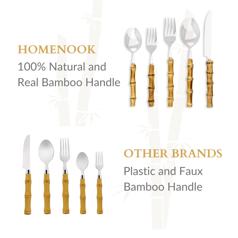 Homenook Bamboo Silverware Handcrafted Natural Flatware 5 Piece Utensil Setting