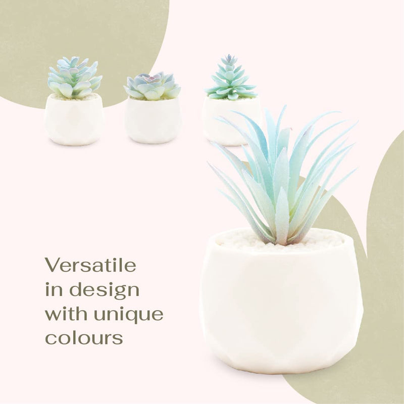 Mini Blue Artificial Succulent Set in Geometric Pots - 4 pcs