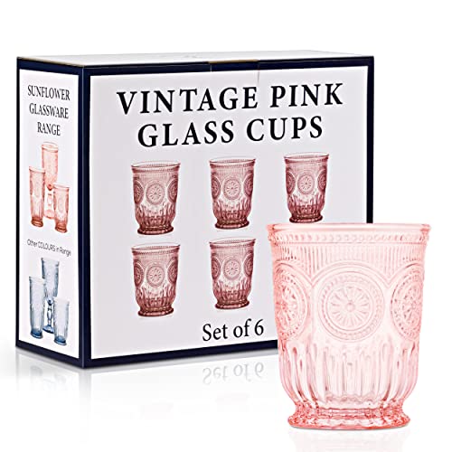 Yungala Pink Glassware Set of 6 Small Pink Cups with Beautifully Embossed Sunflower Design, Strong Sturdy Glass 100% Dishwasher Safe